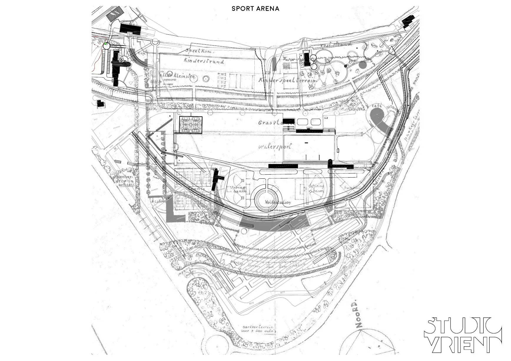 Superpositie van de de plannen voor het domein uit 1920 en de huidige situatie